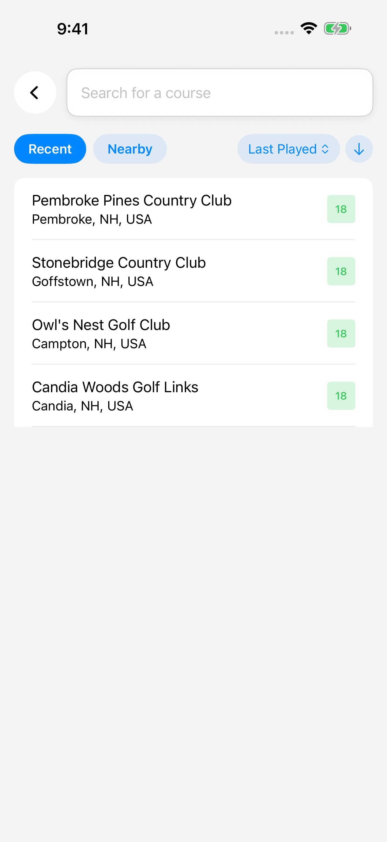 Course selector with search, Recent and Nearby tabs, and four New Hampshire courses with their locations