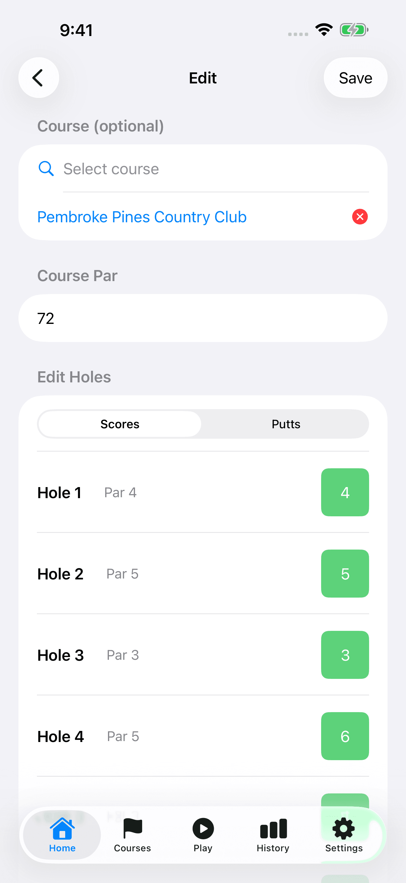 Edit scorecard for Pembroke Pines Country Club with course selection, hole scores and pars, Scores and Putts tabs, and Save
