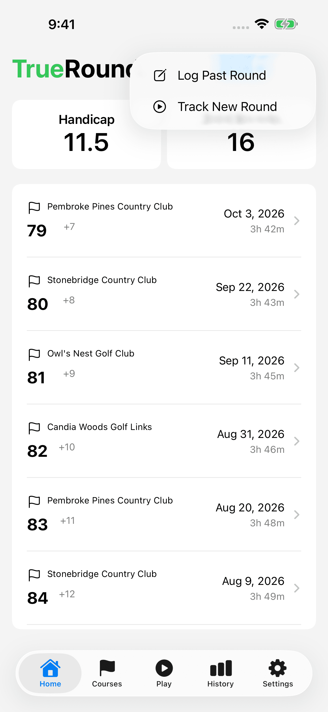 TrueRound Home with sample rounds and the Log Past Round and Track New Round menu open