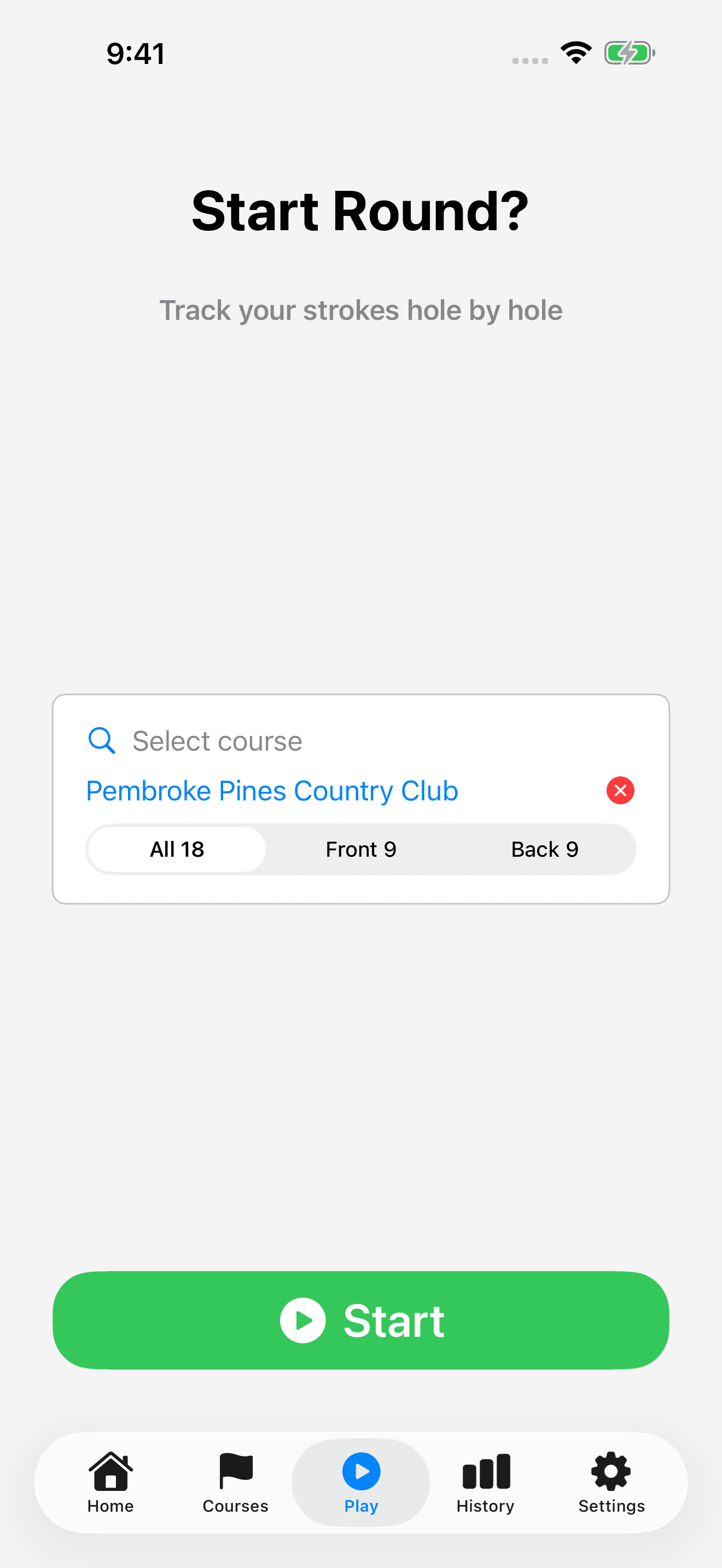 Play setup with Pembroke Pines Country Club selected, All 18, Front 9 and Back 9 choices, and the Start button