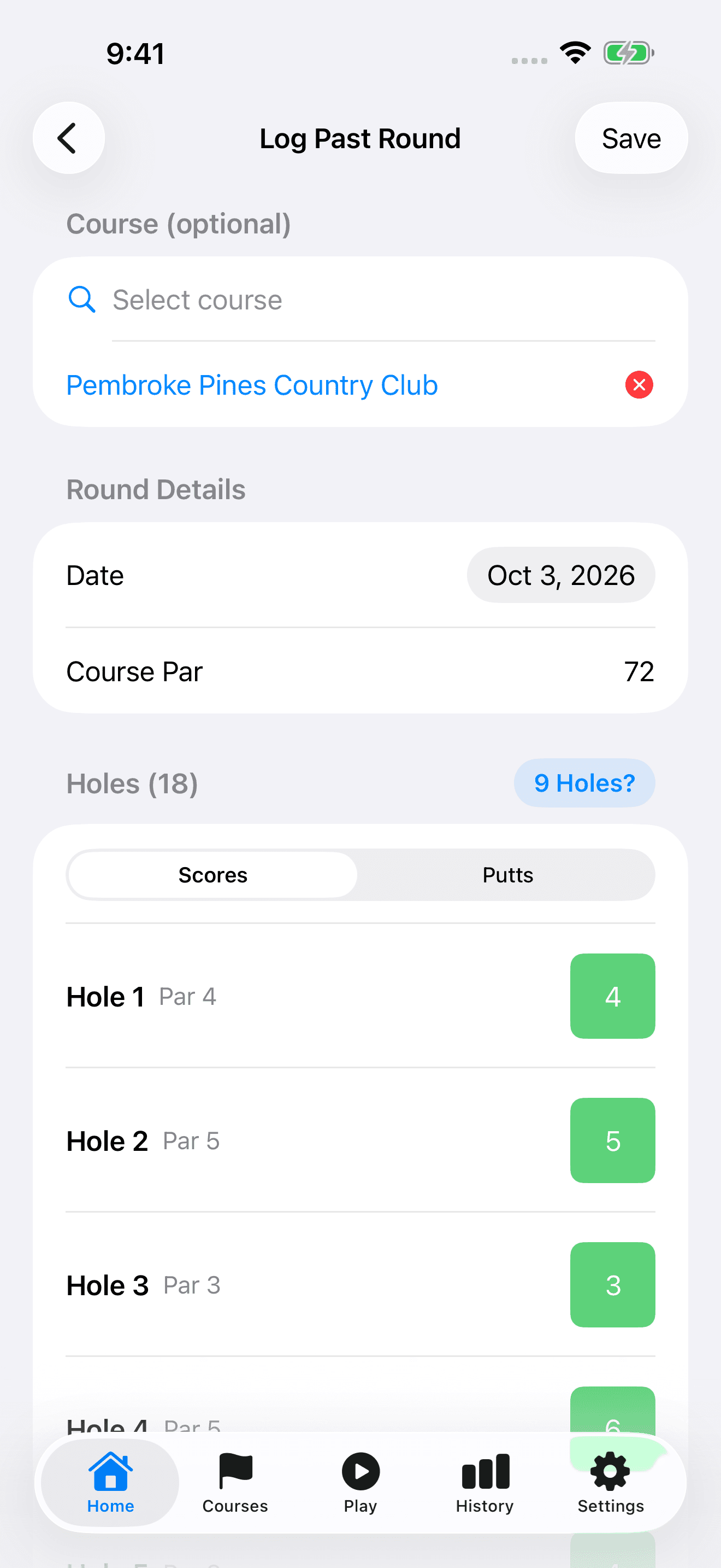 Log Past Round form with Pembroke Pines Country Club, the round date, 18 holes, entered scores, Scores and Putts tabs, and Save