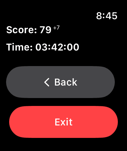 Apple Watch round summary showing a score of 79, seven over par, a time of 3 hours 42 minutes, Back and Exit
