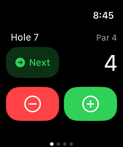 Apple Watch scoring on hole 7, par 4, with four strokes, Next and minus and plus buttons