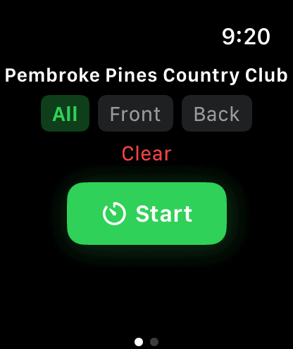 Apple Watch Start screen with Pembroke Pines Country Club selected, All highlighted beside Front and Back, and the Start button