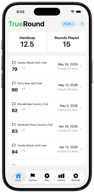Home page of the TrueRound iOS app with multiple golf rounds shown in a list
